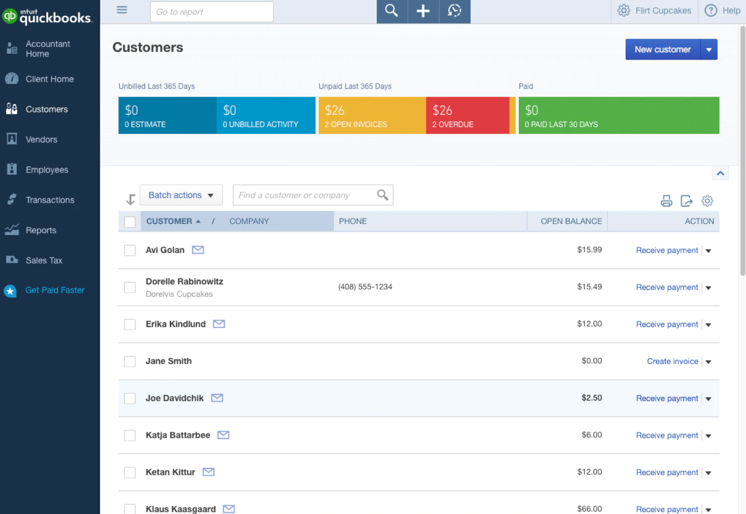 Screenshot of Quickbooks Online